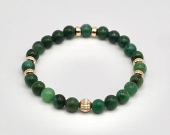 Jade Verde e Ouro Maciço 14K | Cristal Energético com Pedras Preciosas de Cura | Pulseira Elástica com Contas de 6 mm | Presente de Alta Qualidade para Moda e Bem-Estar
