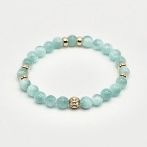 Green Moonstone & 14K Solid Gold | Healing Gemstone Energy Crystal | 6mm Beaded Stretch Bracelet | High Quality Fashion and Wellness Gift