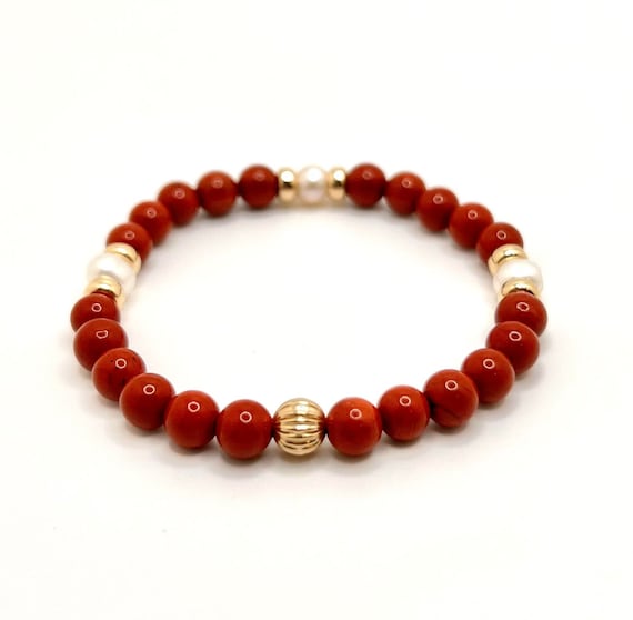 Coral Red Jasper w Pearl & 14K Solid Gold | Healing Gemstone Energy Crystal | 6mm Beaded Stretch Bracelet | Fashion and Wellness Gift