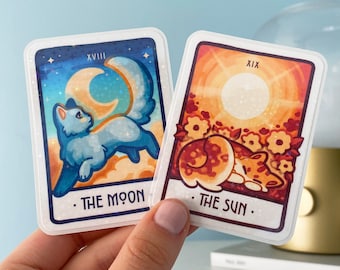 Kitty Tarot Vinyl Stickers || 2 Designs - Set B - The Moon / The Sun || Sparkle Holographic & Waterproof