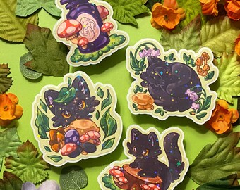Mushroom Cat Vinyl Stickers || 4 Designs || Sparkle Holographic & Waterproof