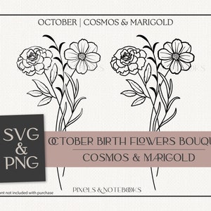 Peut inclure: Illustration en noir et blanc d'un bouquet de fleurs de cosmos et de soucis. Le texte "OCTOBER BIRTH FLOWERS BOUQUET COSMOS & MARIGOLD" est sous les fleurs.