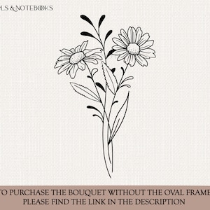 May include: Black and white line drawing of a bouquet of three daisies with stems and leaves.