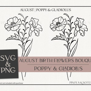 Papoula e Gladíolo Mês de Nascimento de Agosto Buquê de Flores SVG PNG | Flor de Nascimento SVG | Aniversário svg | Desenho vetorial de clipart floral desenhado à mão