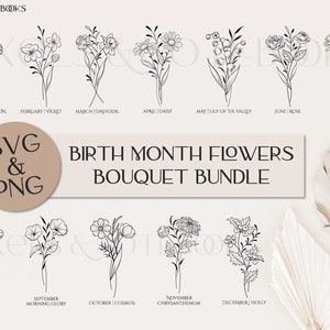 Birth Month Flower Bouquet SVG PNG Bundle | 12 Hand Drawn Birth Flowers | Flower SVG | Floral svg | Birthday Flower | Birth Flower Clipart