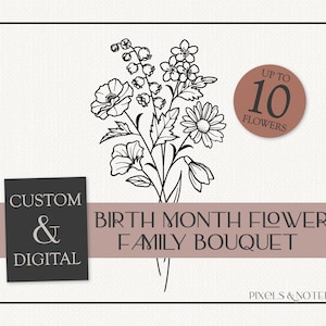 DIGITALE benutzerdefinierte Geburt Monat Blumen Familie Blumenstrauß | Minimalistisches Design | Floral Digital Line Art | Personalisiertes Geschenk | Mamas Omas Garten