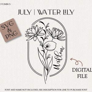 July Water Lily Birth Flower Bouquet SVG PNG with Frame (Digital Download)