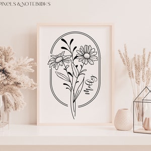 May include: Black and white line art print of three daisies in an oval frame with the name "Molly" written inside the frame.