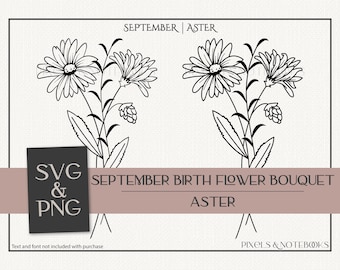 Może przedstawiać: Czarno-biała liniowa ilustracja bukietu astrów, kwiatu urodzeniowego dla września. Tekst "SEPTEMBER BIRTH FLOWER BOUQUET ASTER" znajduje się pod obrazkiem.