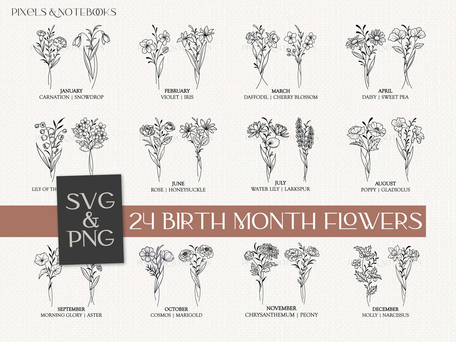 24 Birth Month Flower Bouquet SVG PNG Bundle Hand Drawn Birth Flowers