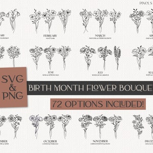 36 Birth Month Flower Bouquets SVG PNG Bundle | Hand Drawn Birth Flowers | Flower SVG | Floral svg | Birthday Flowers | Birth Flower Clipart