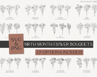 Birth Month Flower Bouquet SVG PNG Bundle: Hand-Drawn Floral Clipart (Digital Download)