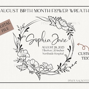 Baby geboortestatistieken SVG | Geboorteaankondiging SVG | DIGITALE en aangepaste augustus geboortemaand bloemenkrans png svg | Klaproos en gladiolenkrans