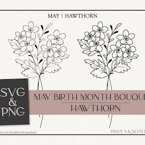 Vetor de espinheiro svg | Flor de nascimento de maio | Mês de nascimento Buquê de flores SVG PNG | Flor de Nascimento SVG | SVG digital | Clipart floral desenhado à mão