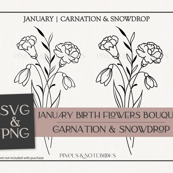 Carnation and Snowdrop svg | January Birth Flower | Birth Month Flower Bouquet SVG PNG | Birth Flower SVG | Birthday svg | Floral Clipart