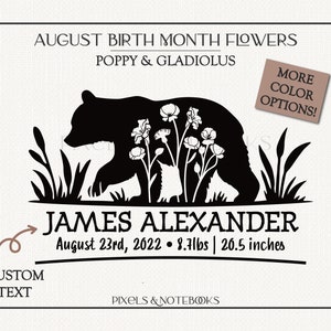 Baby geboortestatistieken SVG | Geboorteaankondiging SVG | DIGITALE en aangepaste augustus geboortemaand bloemaankondiging png svg | Papaver en gladiolenbeer
