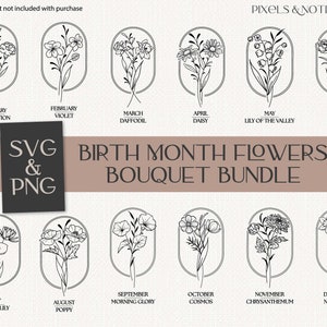 Bouquet de fleurs mois de naissance SVG PNG Bundle avec cadre ovale | 12 fleurs de naissance dessinées à la main | Fleur SVG | Svg floral | Clipart fleur de naissance