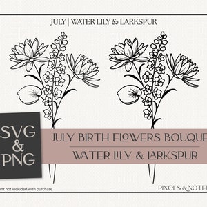 Nenúfar e Larkspur svg | Julho Mês de Nascimento Buquê de Flores SVG PNG | Flor de Nascimento SVG | Aniversário SVG | Vetor de clipart floral desenhado à mão