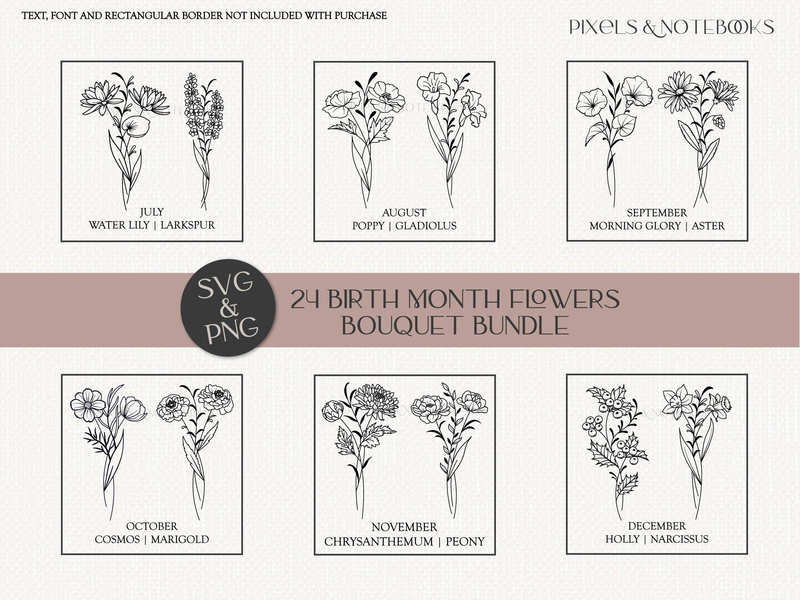 24 Birth Month Flower Bouquet SVG PNG Bundle Hand Drawn Birth Flowers