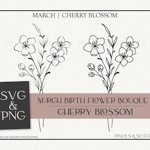 Cherry Blossom March Birth Month Flower Bouquet svg PNG | Birth Flower SVG | Hand Drawn Digital Flower svg | Cherry Blossom Floral Clipart
