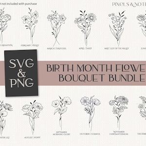 Birth Month Flower Bouquet SVG PNG Bundle | 12 Hand Drawn Birth Flowers | Flower SVG | Floral svg | Birthday Flower | Birth Flower Clipart
