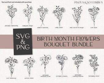 Birth Month Flower Bouquet SVG PNG Clipart Bundle (Digital Download)