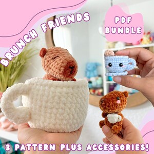 May include: A collection of handmade crochet items, including a capybara in a white mug, a blue teacup, and a capybara holding a small cup. The text "BRUNCH FRIENDS" and "PDF BUNDLE" are visible. The phrase "3 PATTERN PLUS ACCESSORIES!" is also present.