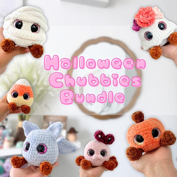 BUNDLE Halloween Chubbie Friends Crochet Pattern | Cute Halloween Crochet | Mummy Crochet | Bat Crochet | Spider Crochet | Pumpkin Crochet