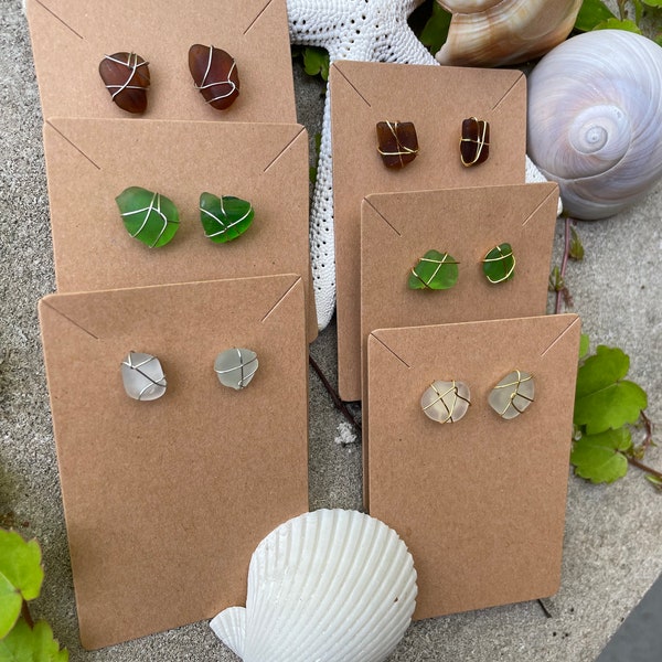 Sea Glass Stud earrings Wire Wrapped Beach Jewelry Authentic