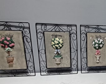 Vintage Hand Painted Metal sculpture Slate Tile Wall Garden Decor Hanging