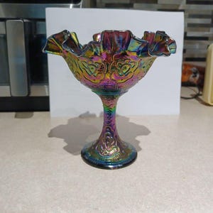 Fenton Persian Medallion Compote Pedestal Bowl Dish Blue Purple Amethyst Irridescent Carnival Glass w/Ruffled top