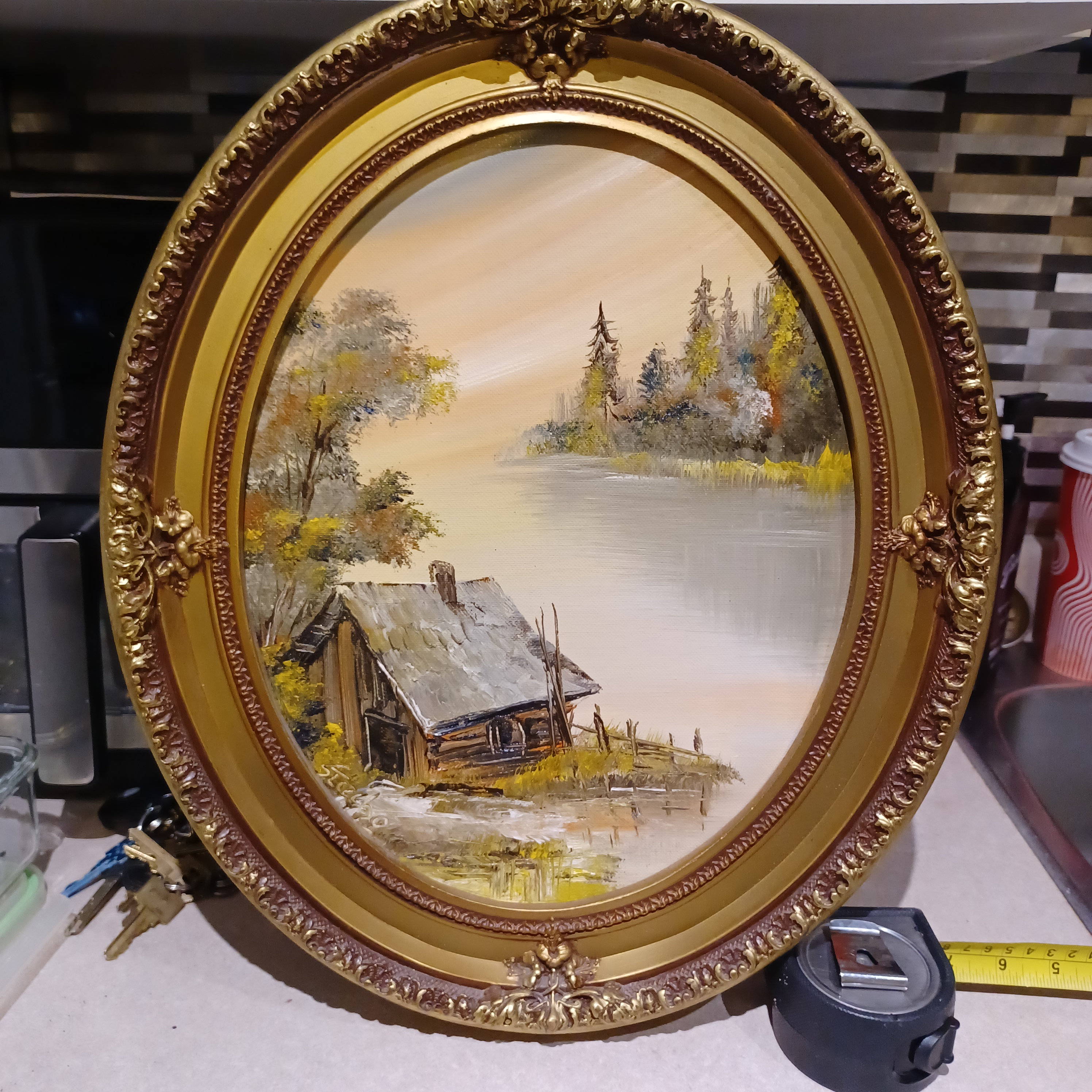 Vintage Lake House Cabin Cottage Oil Painting framed in Vintage Wood Oval Guilded Frame w/Flowers Signed Stetched on Fredrix Canvas