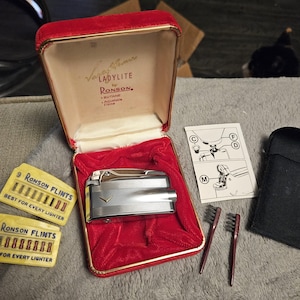 Vintage Ronson Varaflame Ladylite Butane Cigarette Silver Chrome Lighter In Original Box w/ Accesories - flints, brushes etc