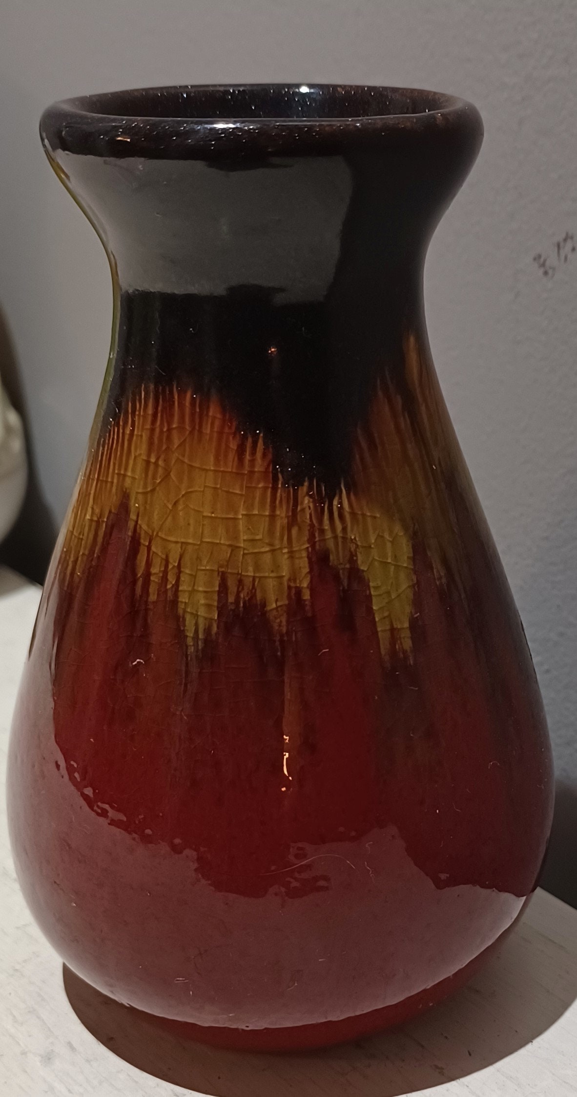 Studio Art Pottery Drip Glaze Vase Burgundy Yellow Brown Glittery Top ...