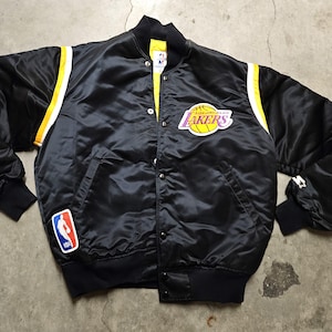 Rare Top Quality 1980s Vintage Classic Starter Black Satin Basketball Bomber Jacket w/Yellow Quilted Lining - LOS ANGELES LAKERS Size Large