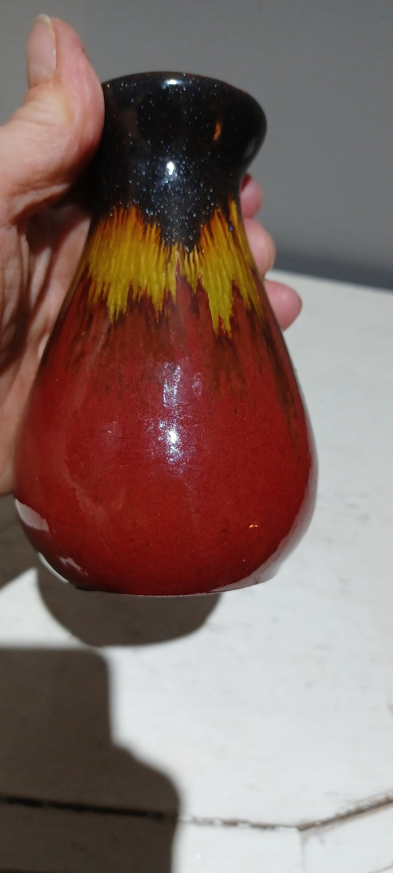 Studio Art Pottery Drip Glaze Vase Burgundy Yellow Brown Glittery Top ...
