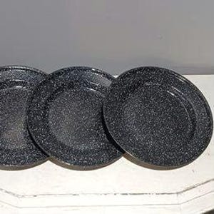Vintage Granite Enamelware Plate Black Speckled set of 4 plates
