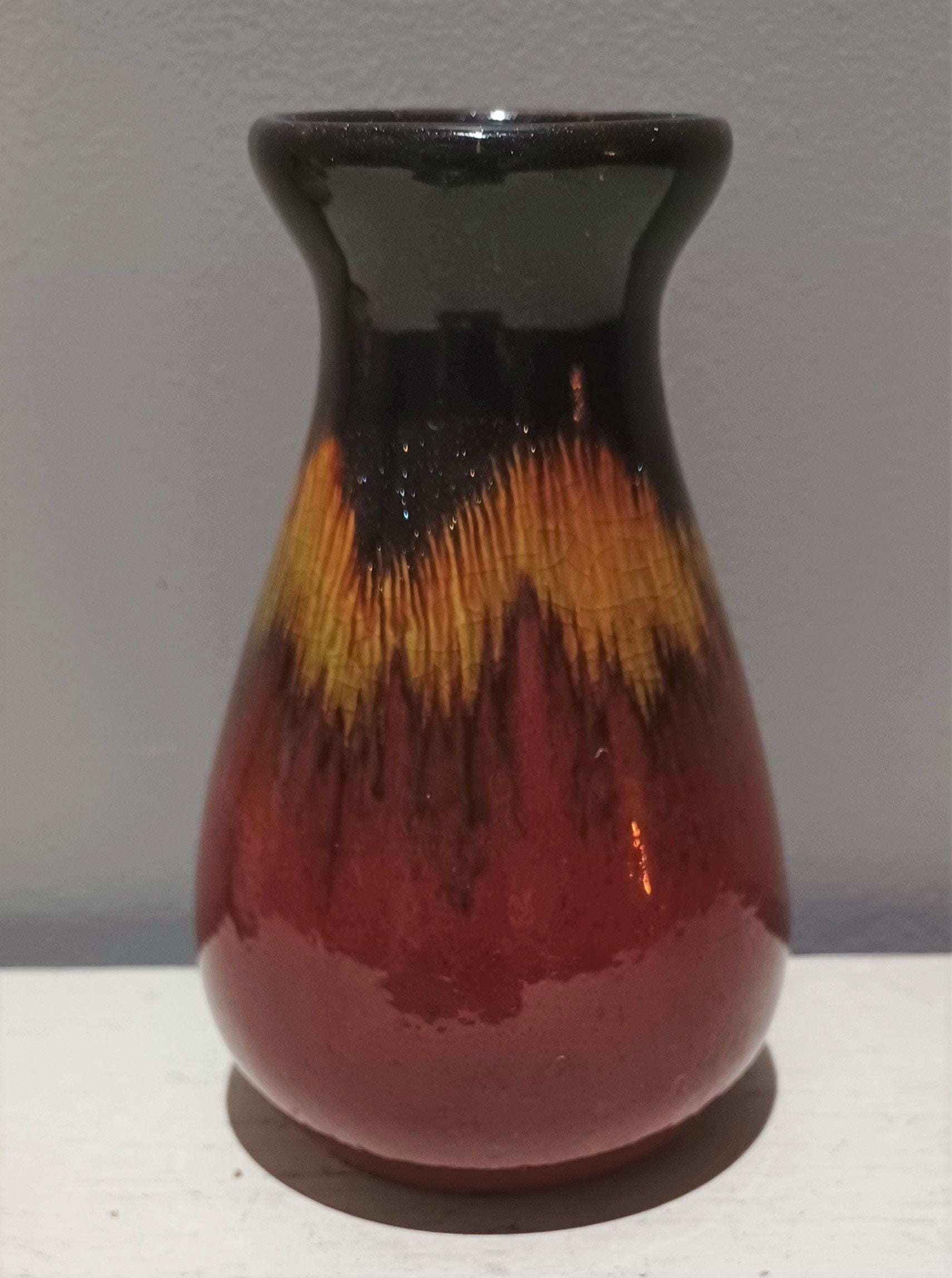 Studio Art Pottery Drip Glaze Vase Burgundy Yellow Brown Glittery Top ...