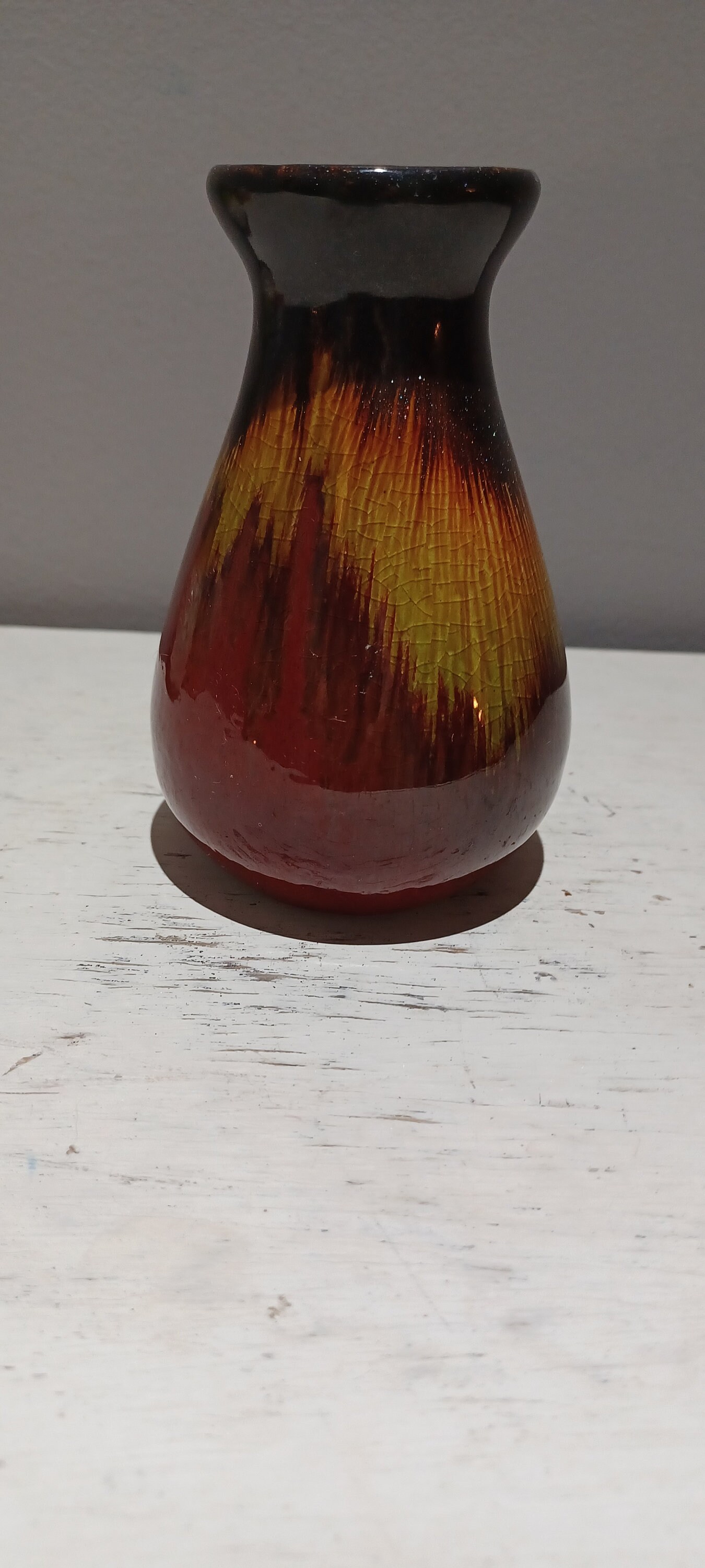 Studio Art Pottery Drip Glaze Vase Burgundy Yellow Brown Glittery Top ...