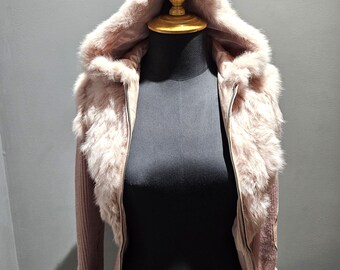 Soft and Warm Pink Rabbit Fur Bomber Jacket With Fur Hood and Pockets - Satin Lining - G Brand
