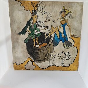 Very Interesting Unique Painting on Wood Board - Man, Woment, Barrel & Dalmation Dog