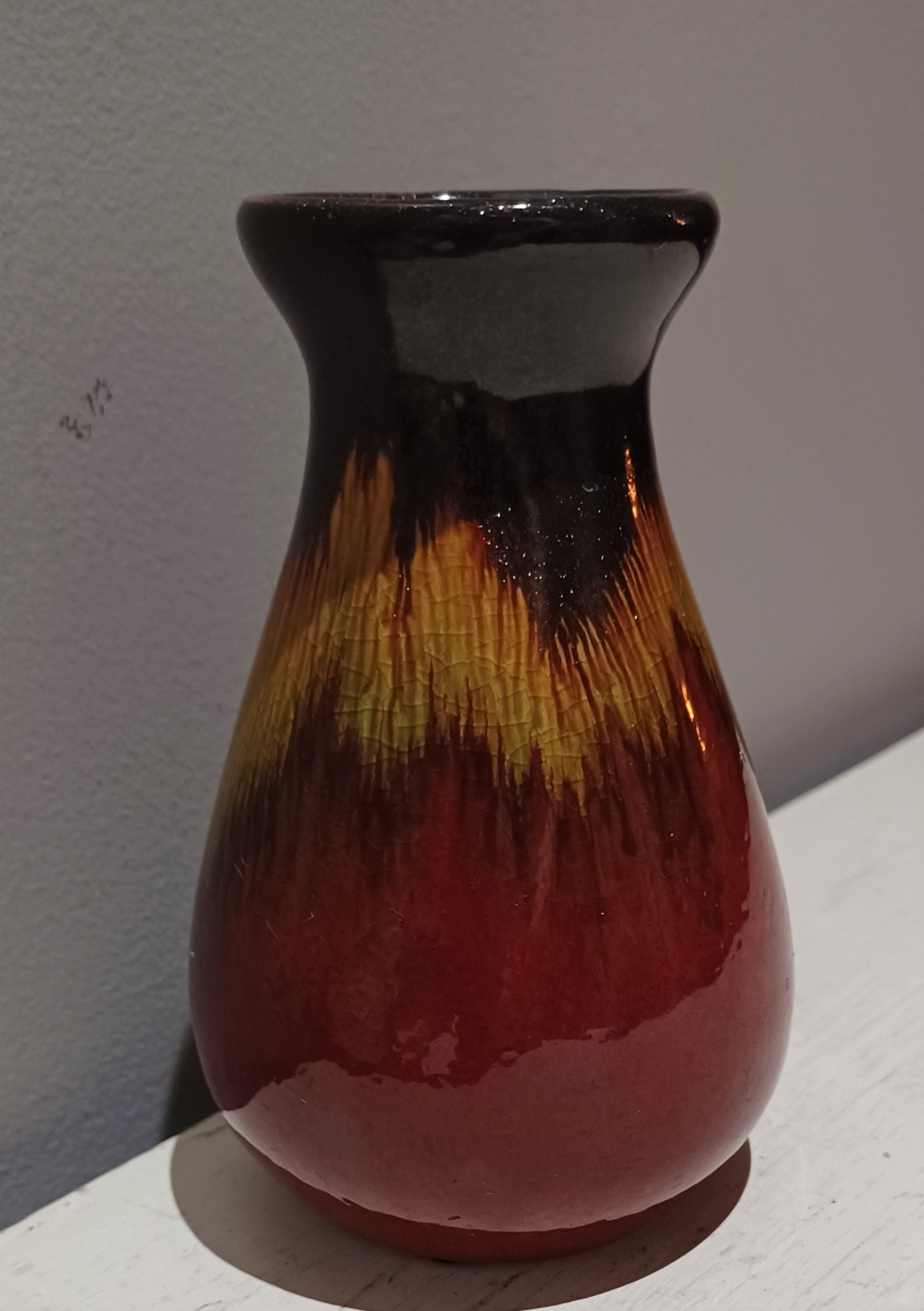 Studio Art Pottery Drip Glaze Vase Burgundy Yellow Brown Glittery Top ...