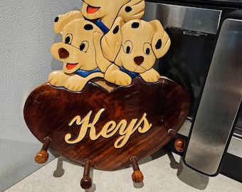 Vintage 70s Disney's 101 Dalmatians Intarsia Hand Carved Wood Wall Hanging 3D Wooden Key Holder