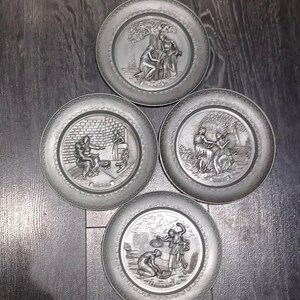 Set of 4 Seasons Vintage Rolf Tremmel German "Fruhling","Herbst", "Sommer", ""Winter" Pewter Wall Hanging Plates