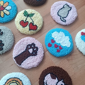 Handmade Punch Needle Coasters, Set of 3 pc Punch coasters - Cute Cat, Paw, Floral, Cloud & Heart Designs – Colorful Round Mug Rugs
