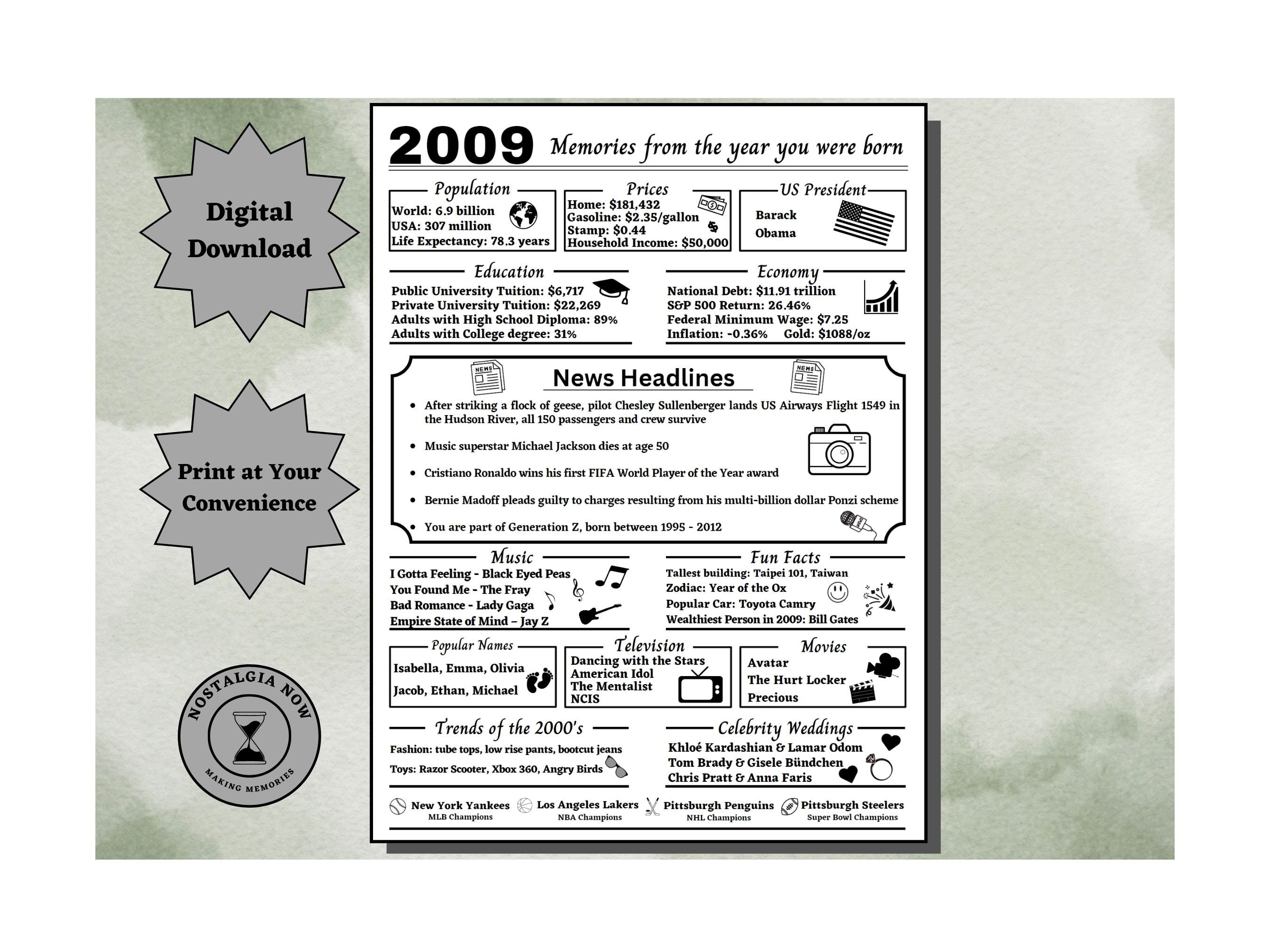 2009 Memories Printable / The Year You Were Born / 2009 Birthday / Remember the Year / Party Decoration / Gift Idea