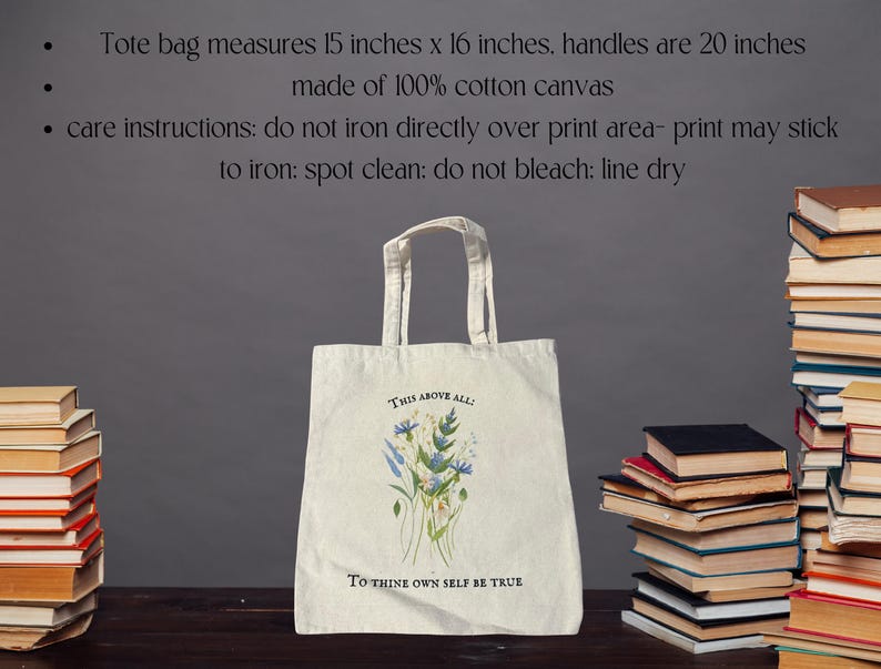 Pode incluir: Uma bolsa tote branca com um design floral e o texto "This above all: To thine own self be true". A bolsa &eacute; feita de lona de algod&atilde;o 100% e mede 38 cm por 41 cm. As al&ccedil;as medem 51 cm de comprimento.