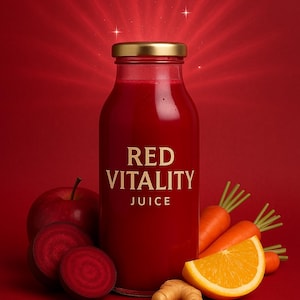 Puede incluir: Una botella de "Red Vitality Juice" con tapa dorada, rodeada de ingredientes como una manzana roja, remolacha en rodajas, zanahorias, una rodaja de naranja y jengibre. El fondo es rojo vibrante.