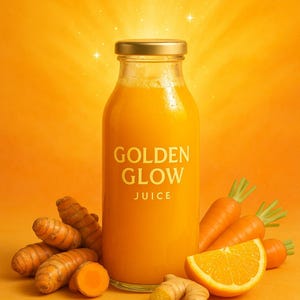 Puede incluir: Una botella de "Golden Glow Juice" con tapa dorada, rodeada de zanahorias, cúrcuma, jengibre y una rodaja de naranja. El zumo es de color naranja brillante, sobre un fondo degradado naranja.