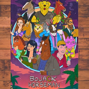Pode incluir: Um cartaz colorido com os personagens da série animada BoJack Horseman. O cartaz tem um fundo roxo com o título do programa e o logotipo da Netflix. Os personagens são animais antropomórficos, incluindo um cavalo, um cão, um gato e uma coruja.